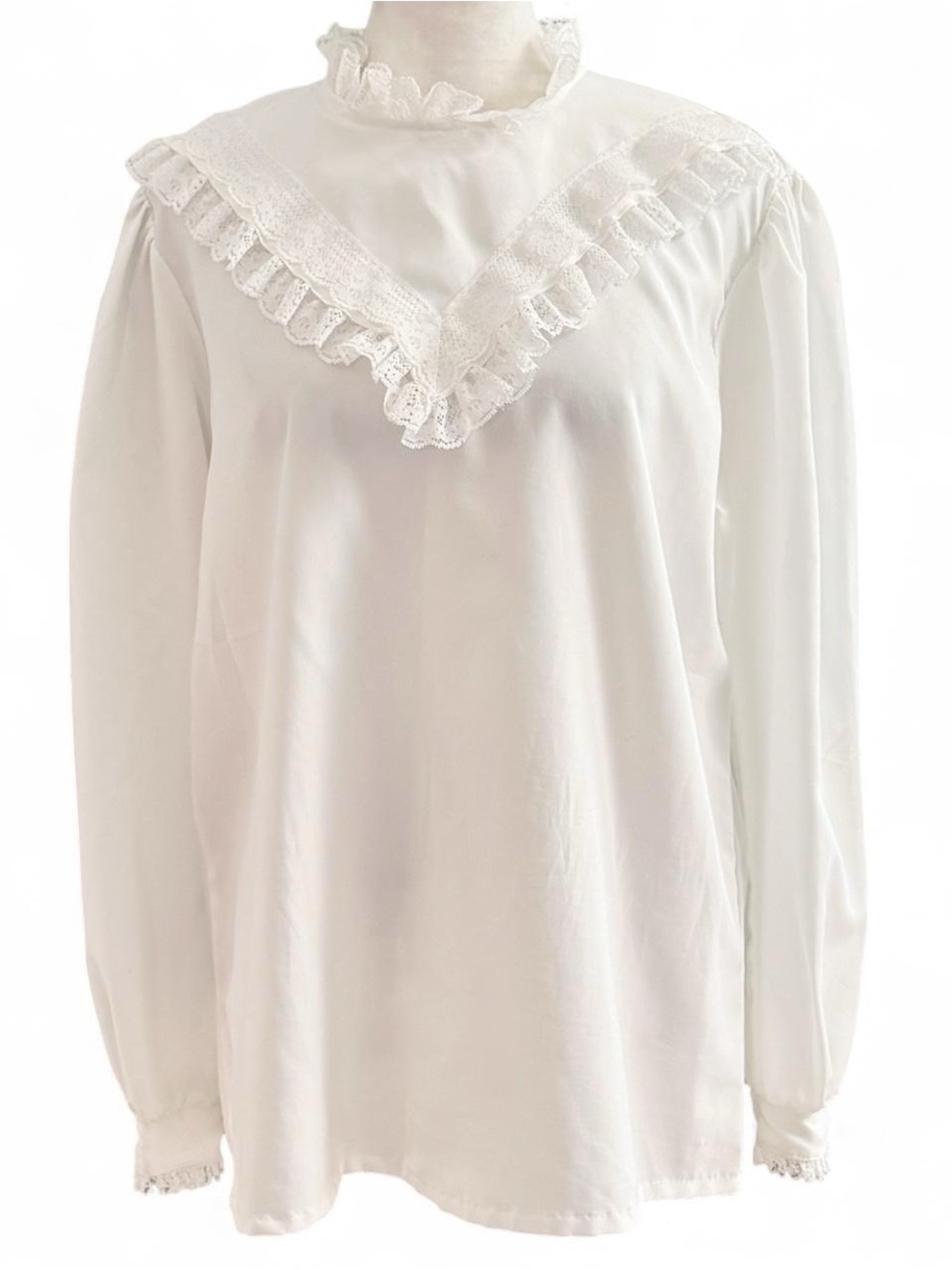 Vintage Lady Holiday White Lace Trim Victorian Blouse Fits Large